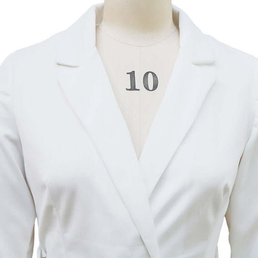 Women's Solid Color Blazer V-Neck Dress With Belt & Hem front view showing tailored design and quality fabric.