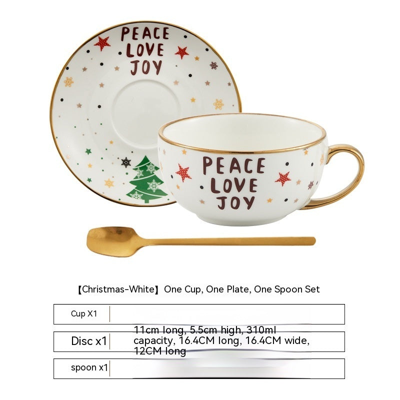 Christmas Ceramic Cup and Saucer Set - Porcelain Coffee Mug with Spoon