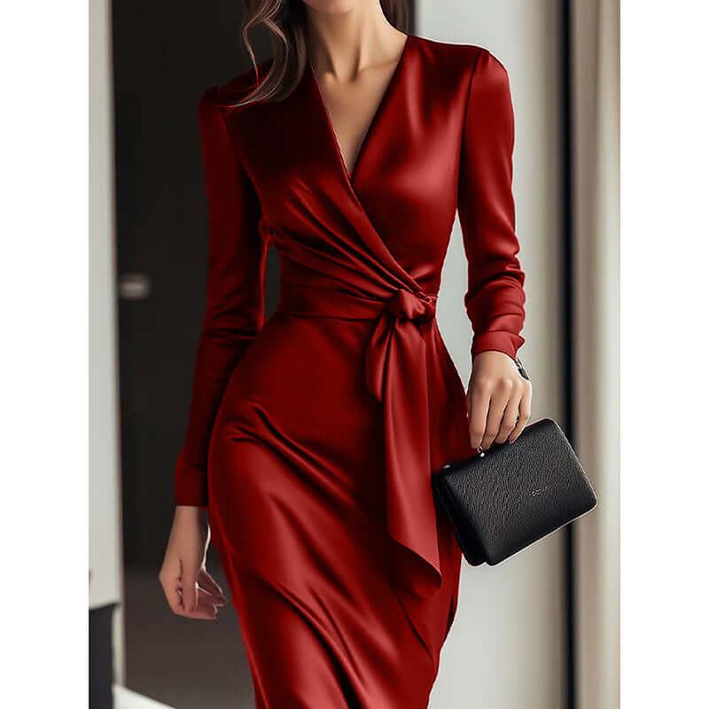 Women's Burgundy Satin Midi Dress Elegant V-Neck 