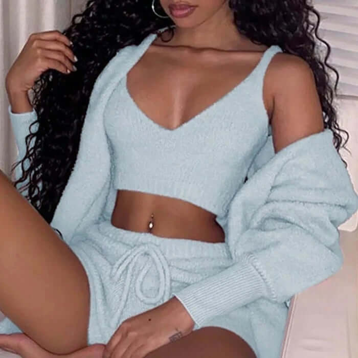 3-Piece Women's Long Sleeve Crop Top & Drawstring Shorts Pajama Set - Comfortable Sleepwear