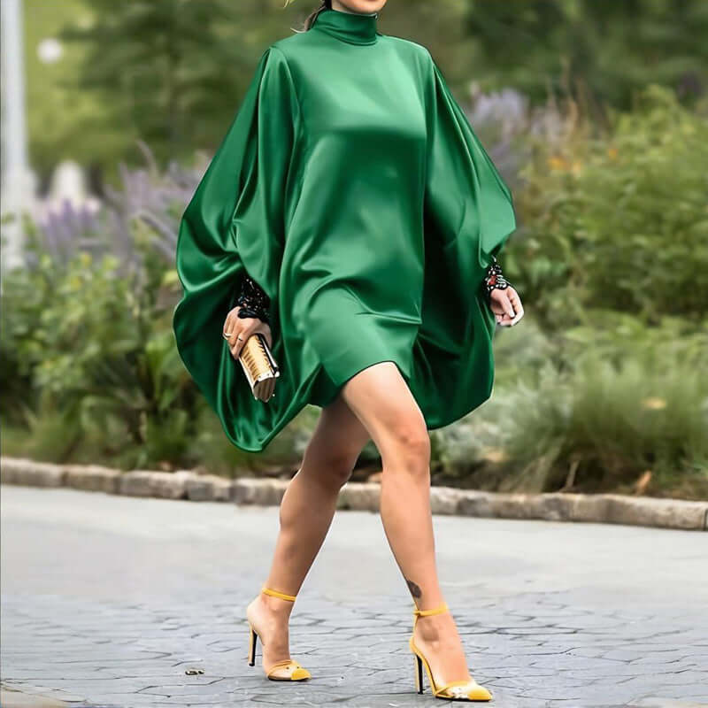 Plus Size Women's Solid Color High Neck Lantern Sleeve Dress