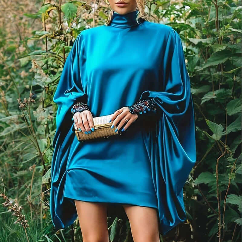 Plus Size Women's Solid Color High Neck Lantern Sleeve Dress