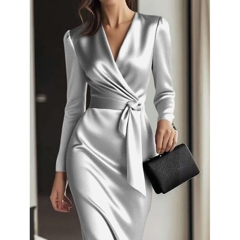 Women's Burgundy Satin Midi Dress Elegant V-Neck 