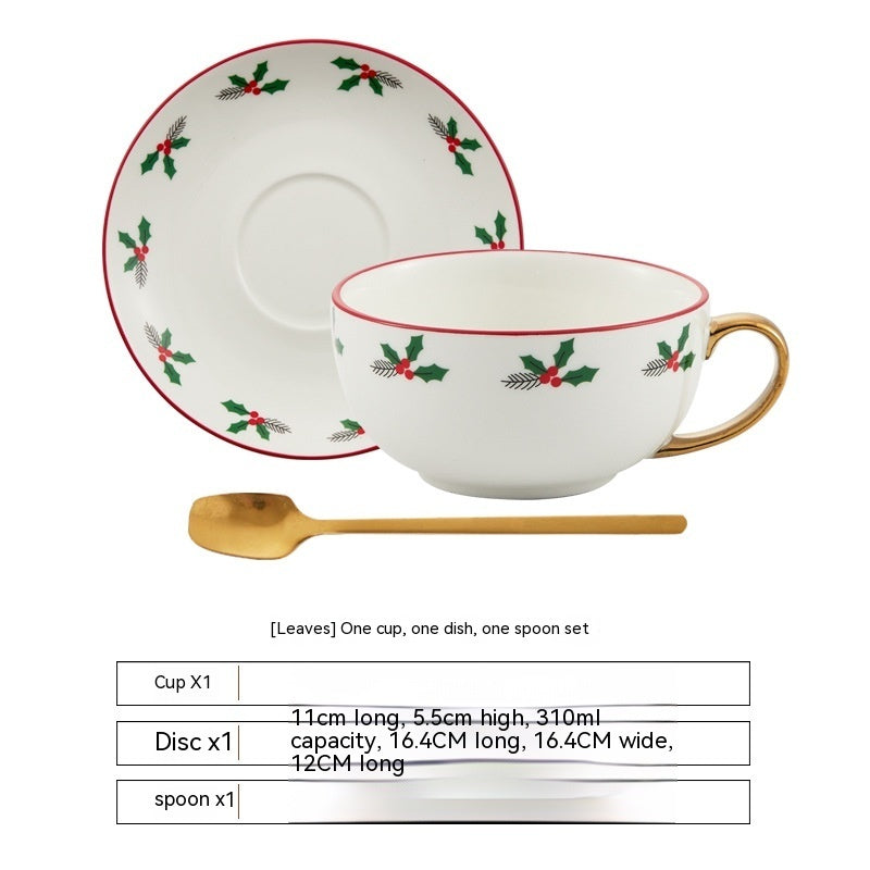 Christmas Ceramic Cup and Saucer Set - Porcelain Coffee Mug with Spoon