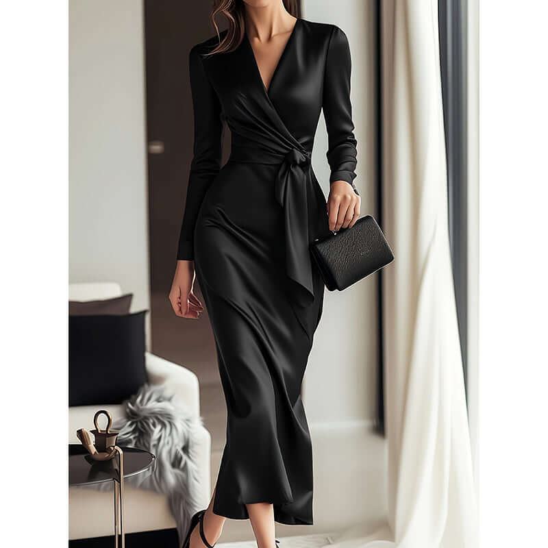 Women's Burgundy Satin Midi Dress Elegant V-Neck 