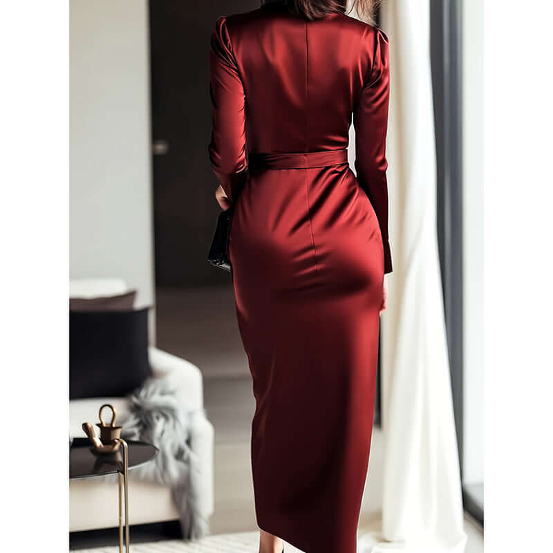 Women's Burgundy Satin Midi Dress Elegant V-Neck three-quarter view