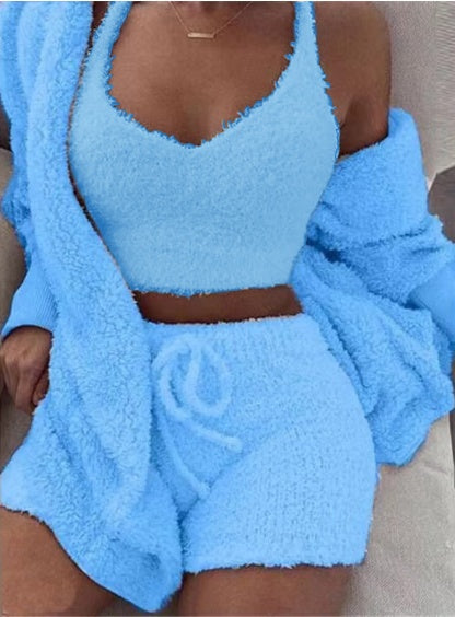 3-Piece Women's Long Sleeve Crop Top & Drawstring Shorts Pajama Set - Comfortable Sleepwear