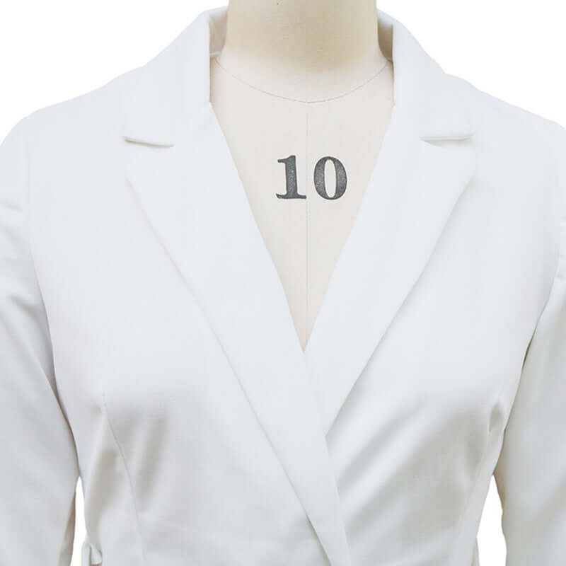 Women's Solid Color Blazer V-Neck Dress With Belt & Hem front view showing tailored design and quality fabric.