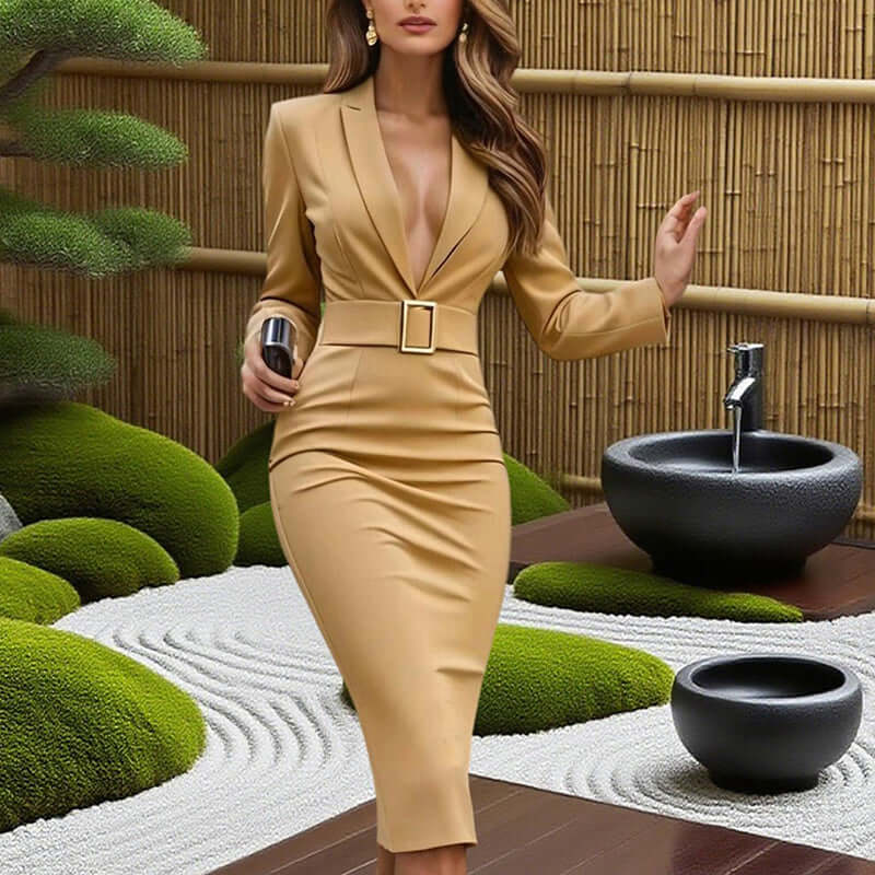 Women's Solid Color Blazer V-Neck Dress With Belt & Hem worn by a model in a stylish outdoor setting.