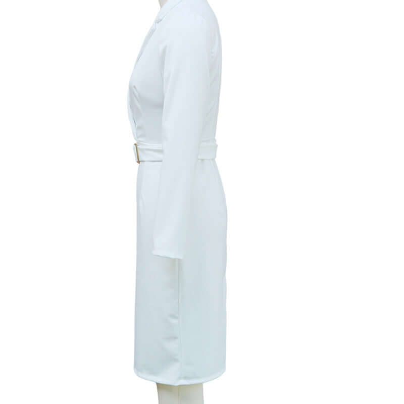 Women's Solid Color Blazer V-Neck Dress With Belt & Hem shown in white from the side view, featuring a tailored design.