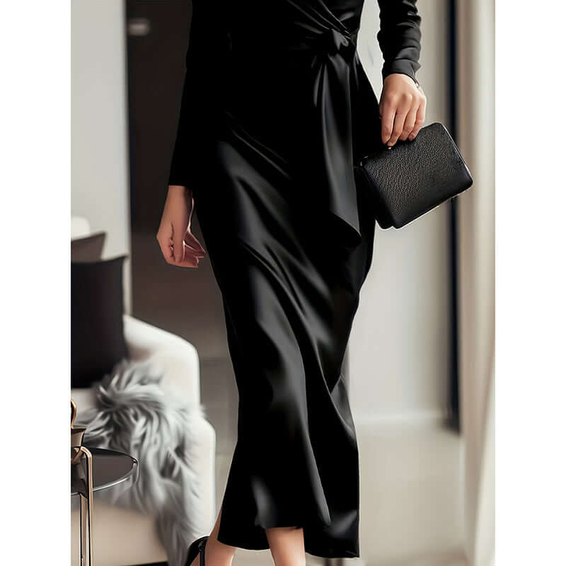 Women's Burgundy Satin Midi Dress Elegant V-Neck back view styling