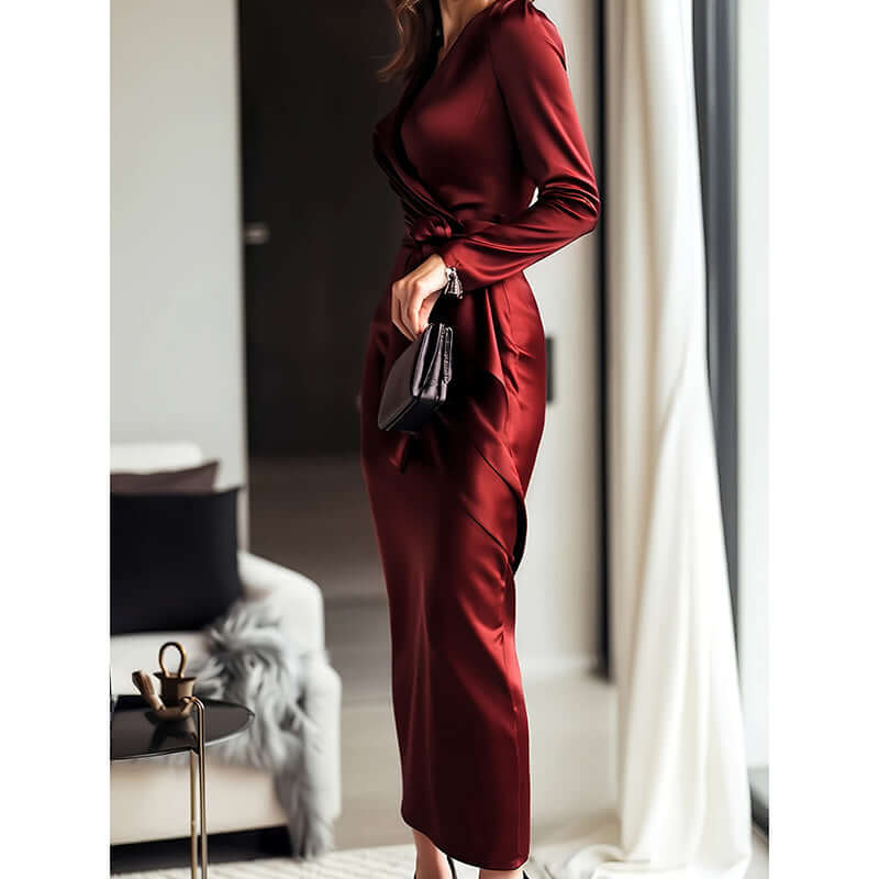 Women's Burgundy Satin Midi Dress Elegant V-Neck  side angle
