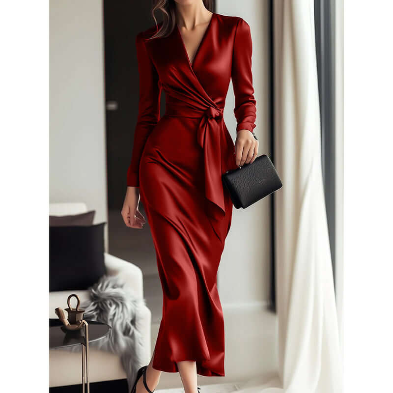 Women's Burgundy Satin Midi Dress Elegant V-Neck