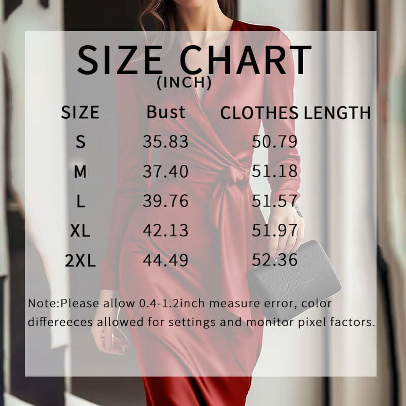 Women's Burgundy Satin Midi Dress Elegant V-Neck size chart