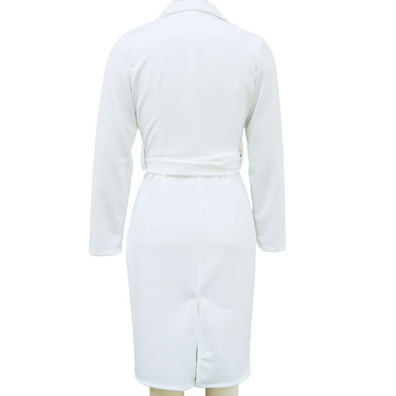 Back view of Women's Solid Color Blazer V-Neck Dress With Belt & Hem in white showcasing the tailored design and belted waist.