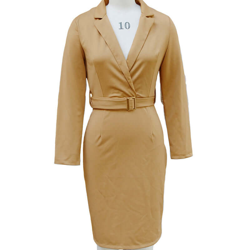 Women's Solid Color Blazer V-Neck Dress With Belt & Hem in beige, featuring tailored design and cinched waist.
