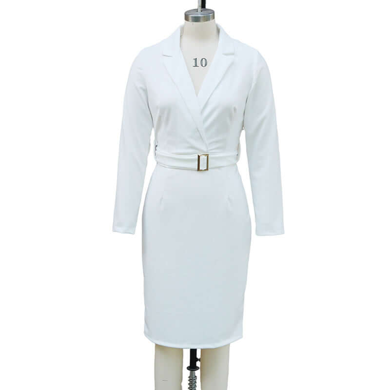 Women's Solid Color Blazer V-Neck Dress With Belt & Hem in white on a mannequin showcasing its tailored design and flattering fit.
