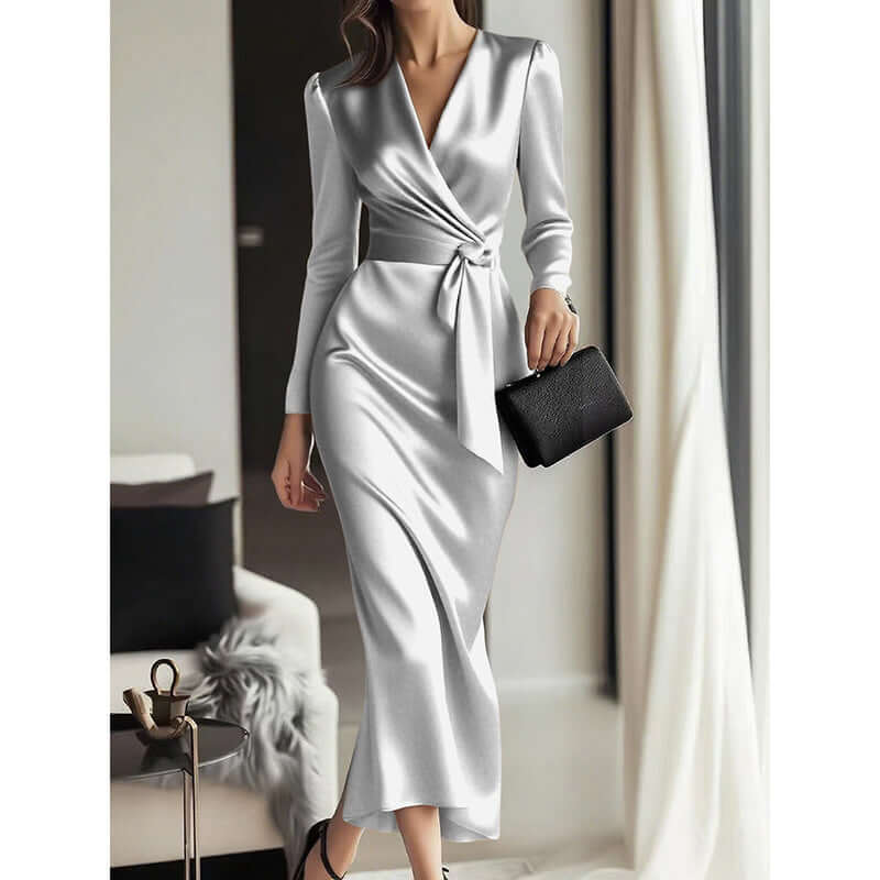 Women's Burgundy Satin Midi Dress Elegant V-Neck 