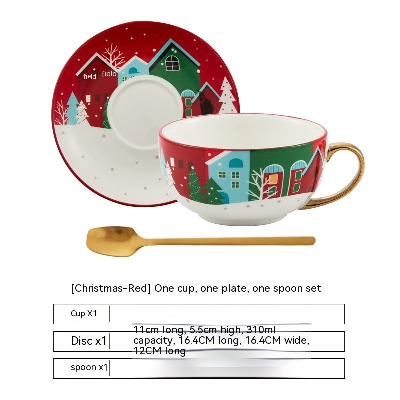Christmas Ceramic Cup and Saucer Set - Porcelain Coffee Mug with Spoon